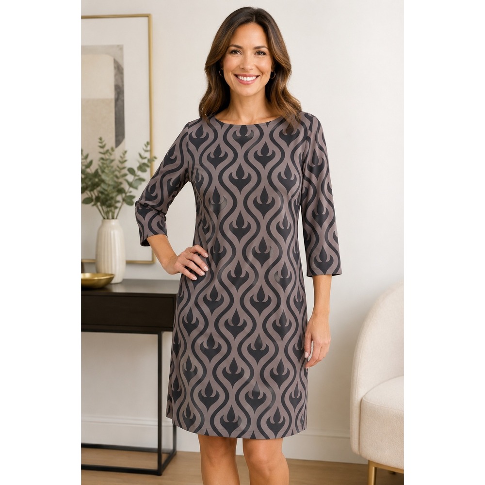 LBisse Shift Dress L NWT‎ Gray Black Geometric Print 3/4 Sleeve Made USA